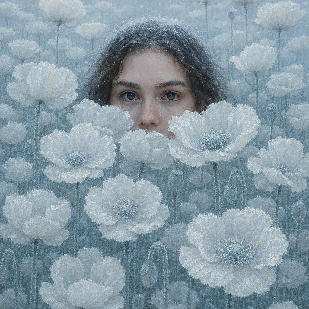 a young woman partially hidden in an exaggeratedly large frosted poppy field in portrait aspect, only her bright, sparkling eyes and a small part of her face visible above the snow‑dusted blooms. Petals range different type of white, with frosty centers adding subtle contrast. A soft, cool winter light creates a serene, magical, and dreamy atmosphere, rendered in hyper‑realistic photographic style or detailed oil painting.