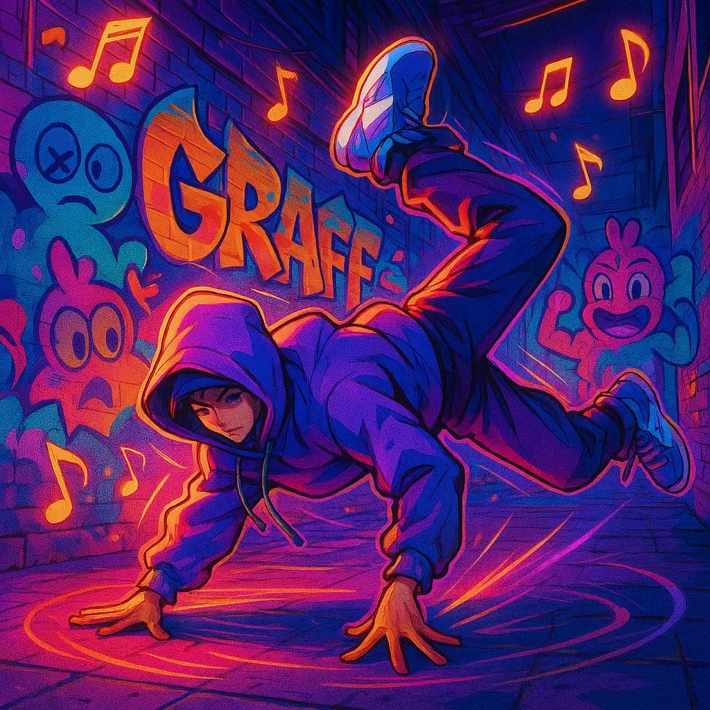 Anime-style illustration of a vibrant street scene, bold graffiti walls glowing under neon lights. A dynamic hip-hop dancer mid-spin, oversized hoodie and sneakers, motion lines radiating energy. Floating music notes and stylized graffiti characters accent the mural backdrop. Rich color gradients, dramatic perspective, and intricate shading evoke the feel of a Japanese art book—urban yet dreamy.